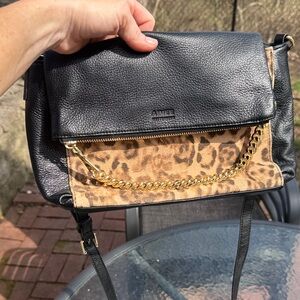 Aimee Kestenberg Black Leather Crossbody with Leopard Panel & Gold Chain